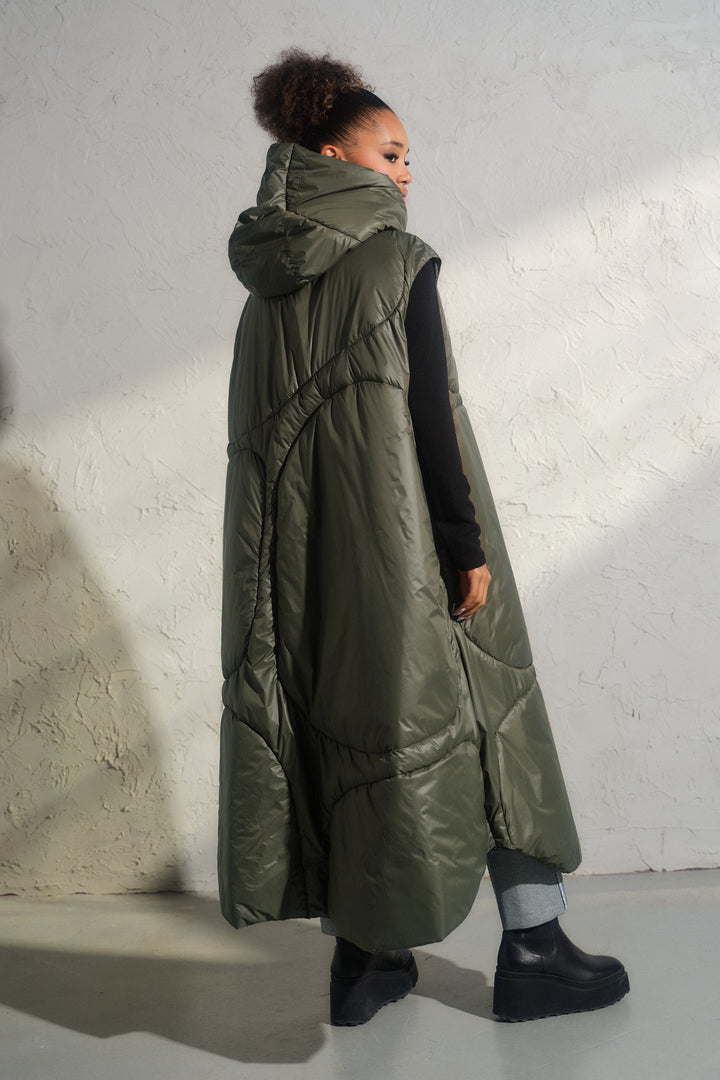 Oversized khaki green autumn/winter maxi puffer vest