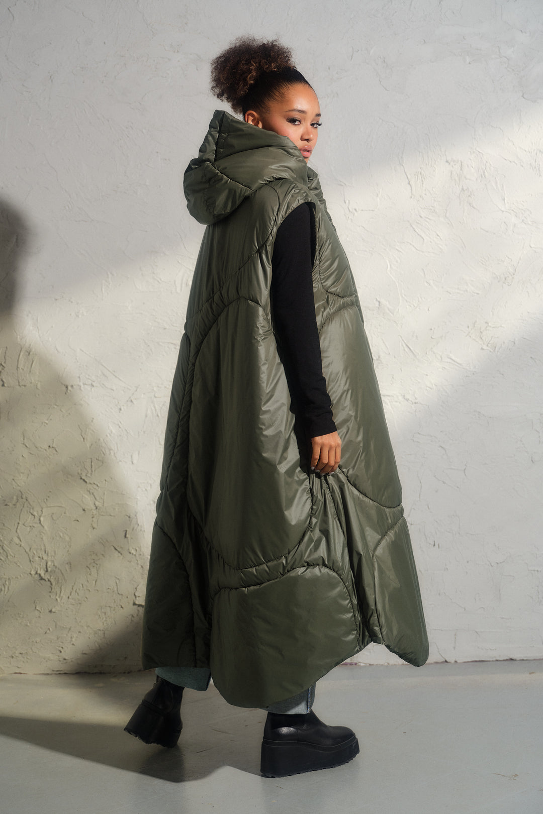 Oversized khaki green autumn/winter maxi puffer vest