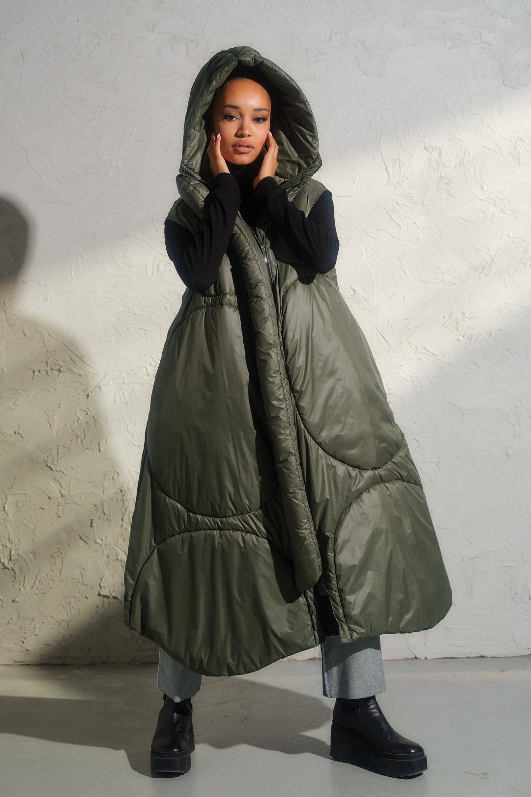 Oversized khaki green autumn/winter maxi puffer vest