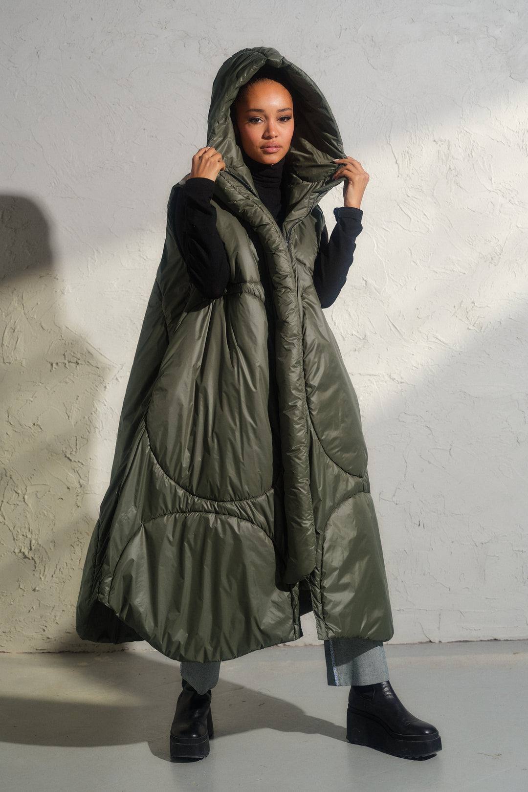 Oversized khaki green autumn/winter maxi puffer vest