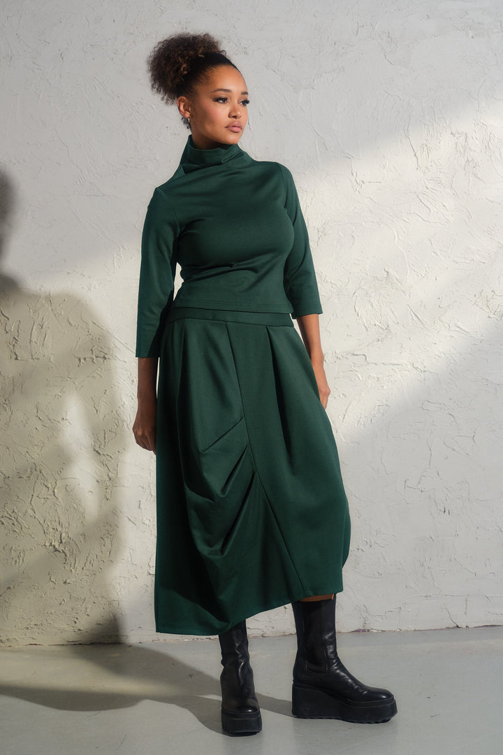 Asymmetrical viscose midi skirt in emerald green