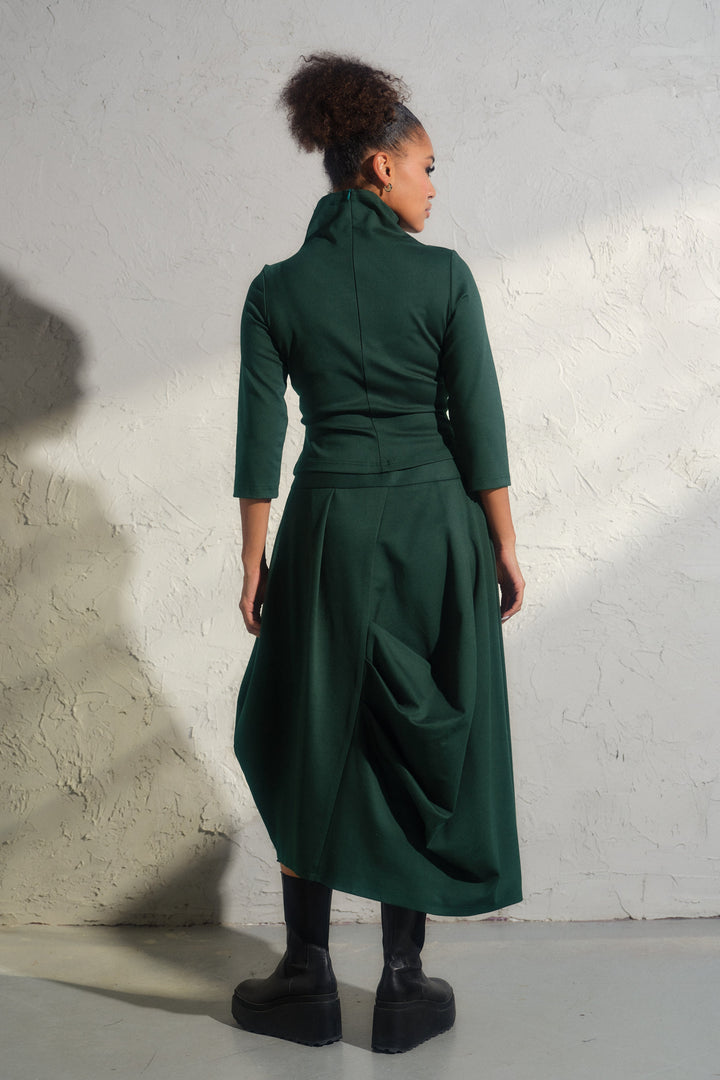 Asymmetrical viscose midi skirt in emerald green