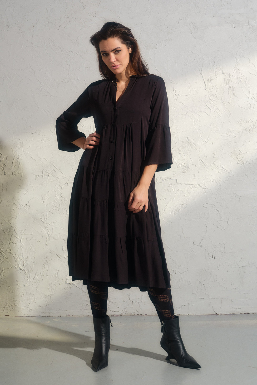 Elegant midi black viscose dress with bell sleeves