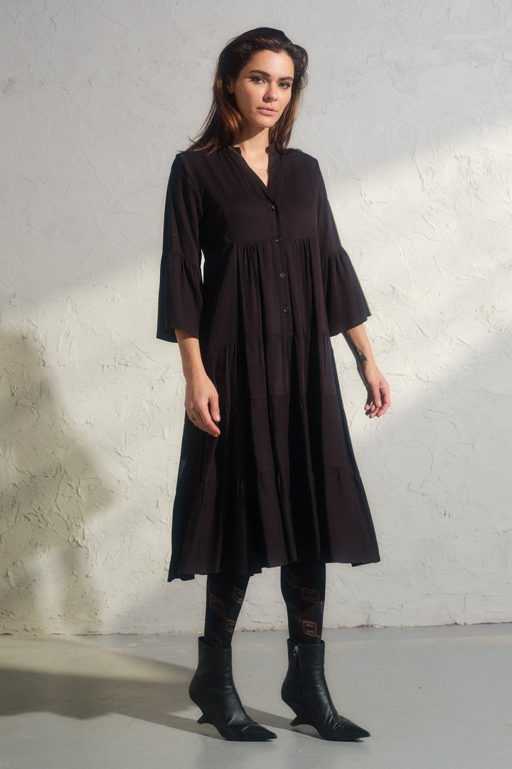 Elegant midi black viscose dress with bell sleeves