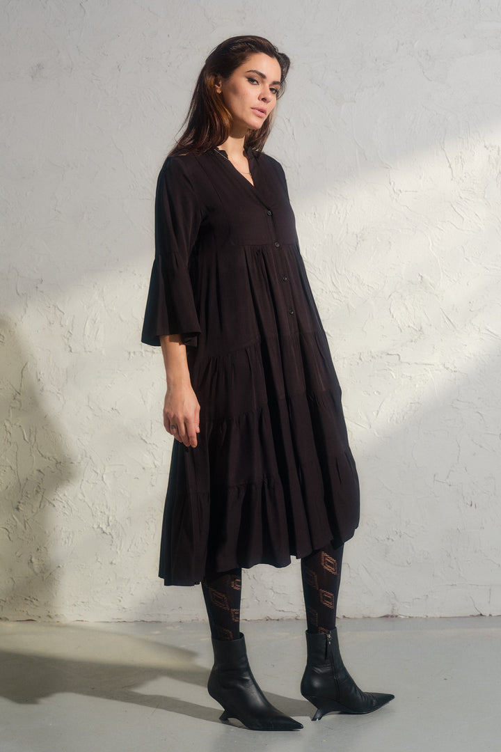 Elegant midi black viscose dress with bell sleeves