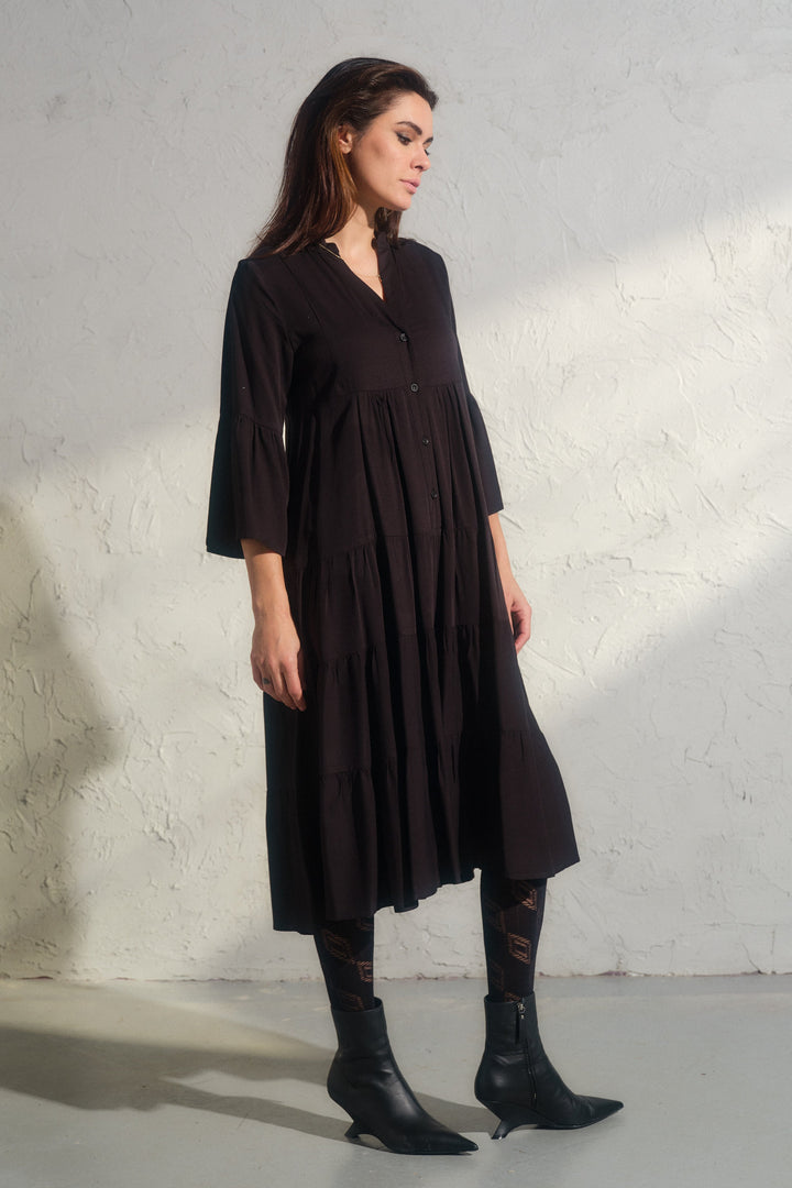 Elegant midi black viscose dress with bell sleeves