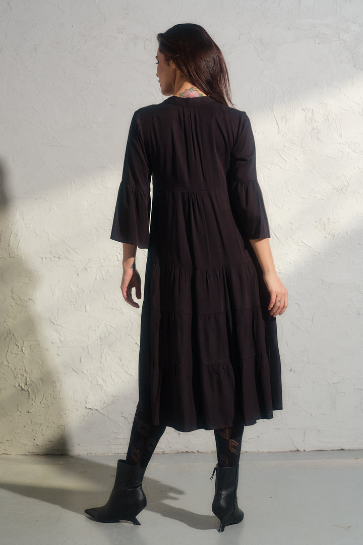 Elegant midi black viscose dress with bell sleeves