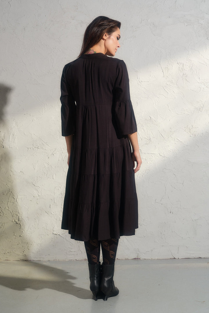 Elegant midi black viscose dress with bell sleeves