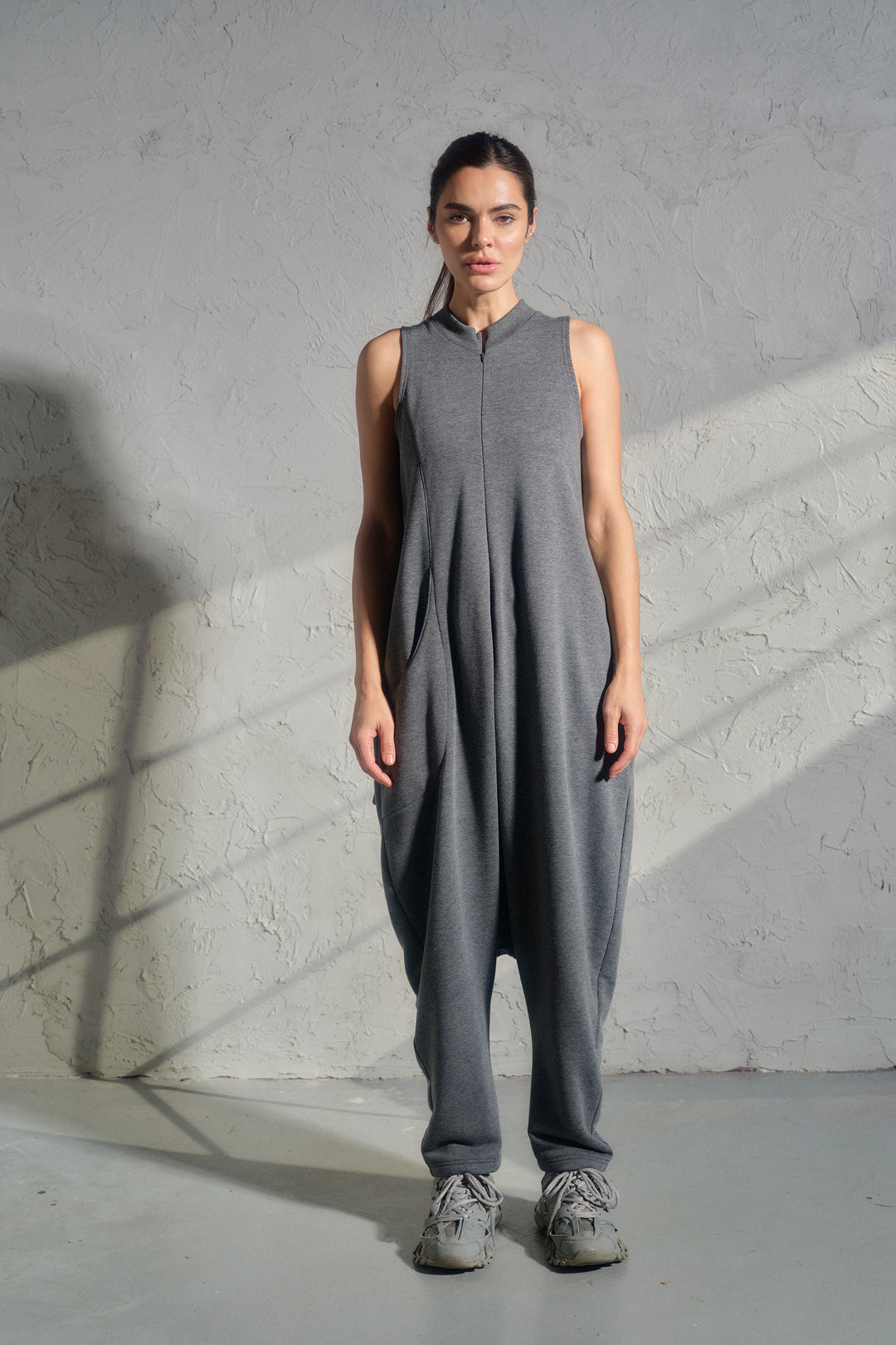 Avant-Garde Organic Cotton Sleeveless Jumpsuit – Drop-Crotch Minimalist Romper
