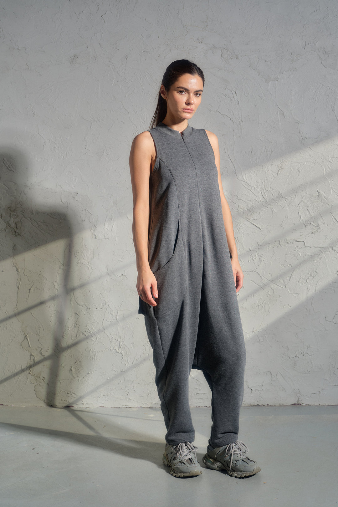 Avant-Garde Organic Cotton Sleeveless Jumpsuit – Drop-Crotch Minimalist Romper