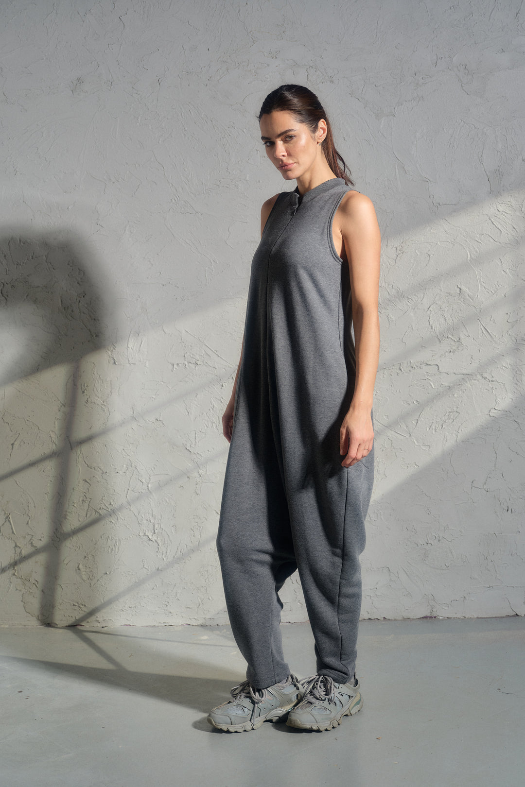 Avant-Garde Organic Cotton Sleeveless Jumpsuit – Drop-Crotch Minimalist Romper
