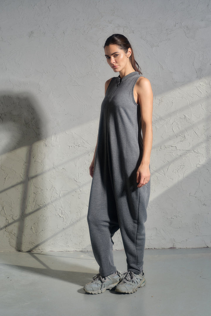 Avant-Garde Organic Cotton Sleeveless Jumpsuit – Drop-Crotch Minimalist Romper