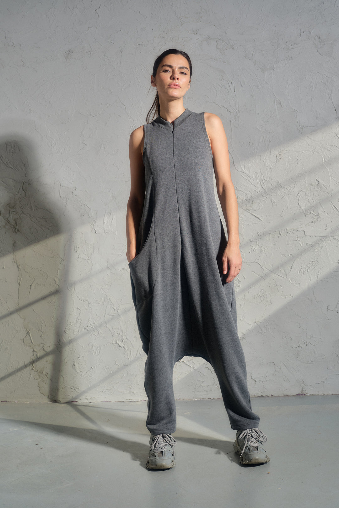Avant-Garde Organic Cotton Sleeveless Jumpsuit – Drop-Crotch Minimalist Romper