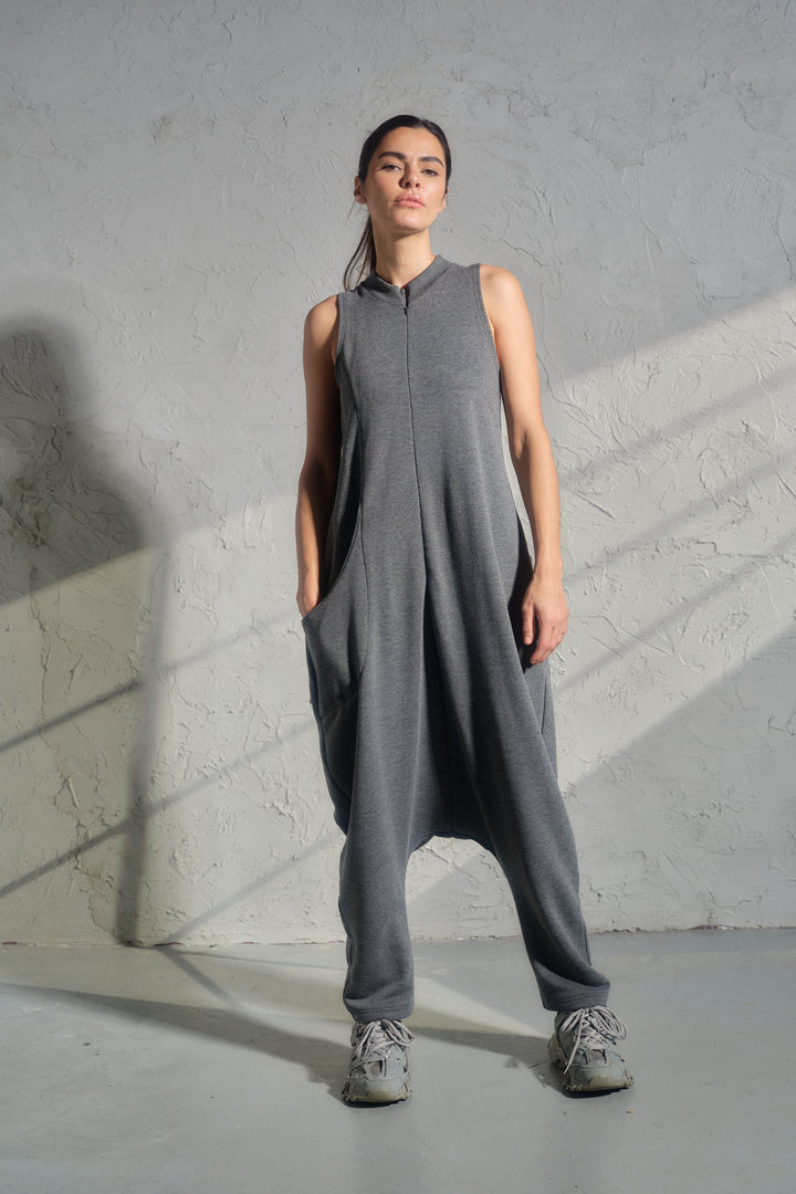 Avant-Garde Organic Cotton Sleeveless Jumpsuit – Drop-Crotch Minimalist Romper