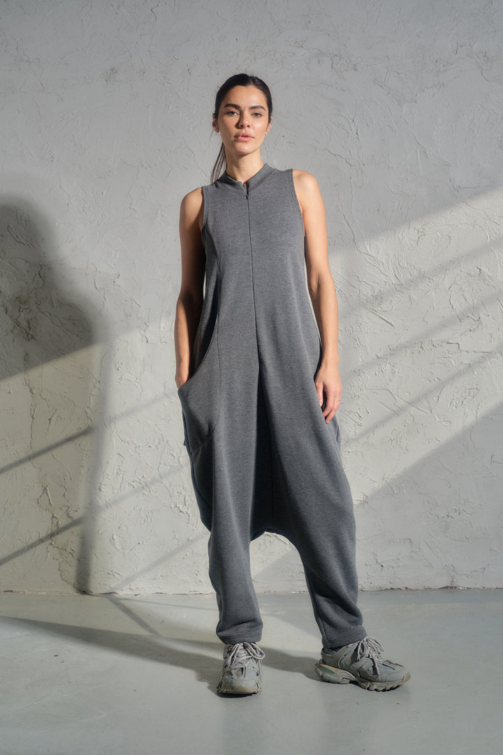 Avant-Garde Organic Cotton Sleeveless Jumpsuit – Drop-Crotch Minimalist Romper