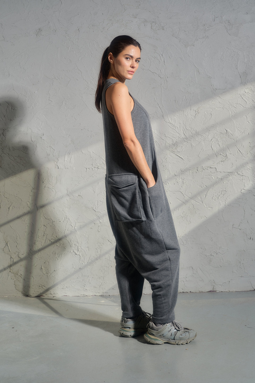 Avant-Garde Organic Cotton Sleeveless Jumpsuit – Drop-Crotch Minimalist Romper