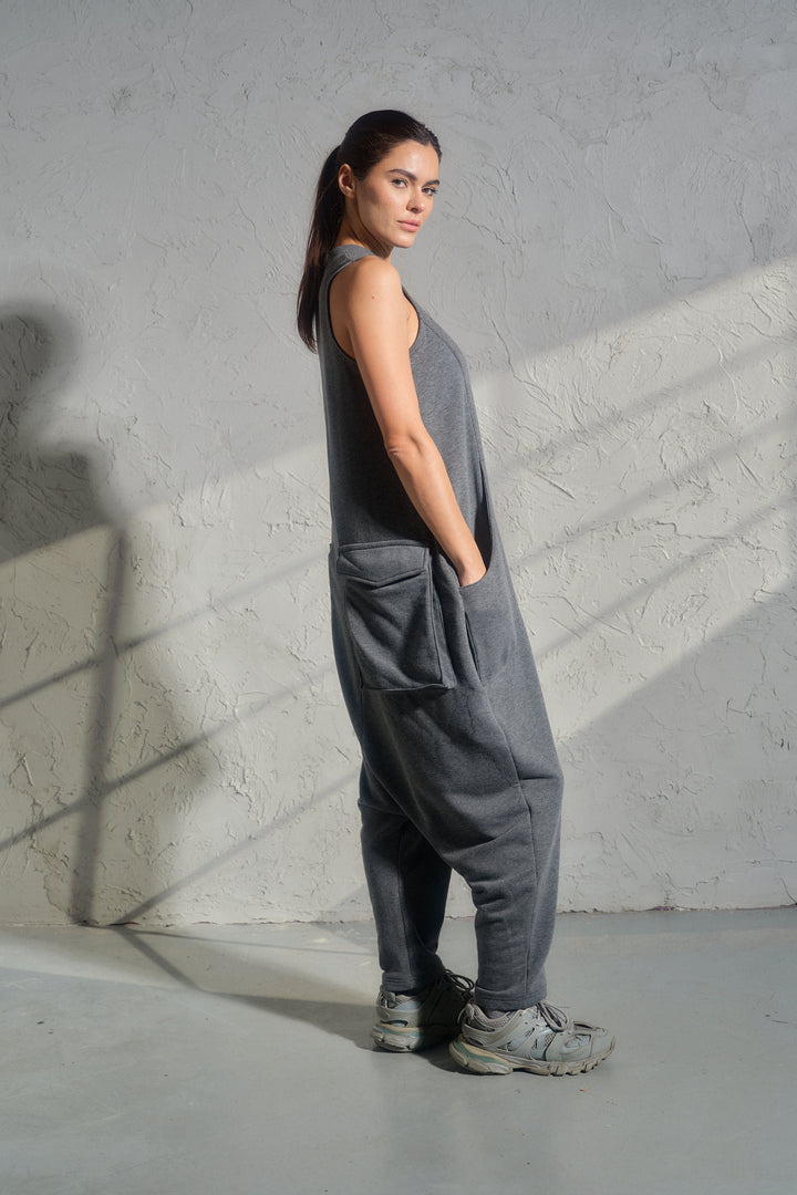 Avant-Garde Organic Cotton Sleeveless Jumpsuit – Drop-Crotch Minimalist Romper
