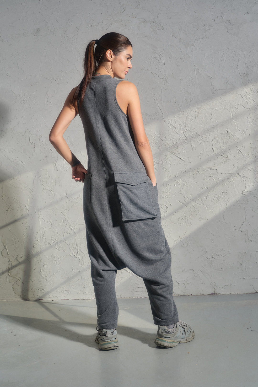 Avant-Garde Organic Cotton Sleeveless Jumpsuit – Drop-Crotch Minimalist Romper