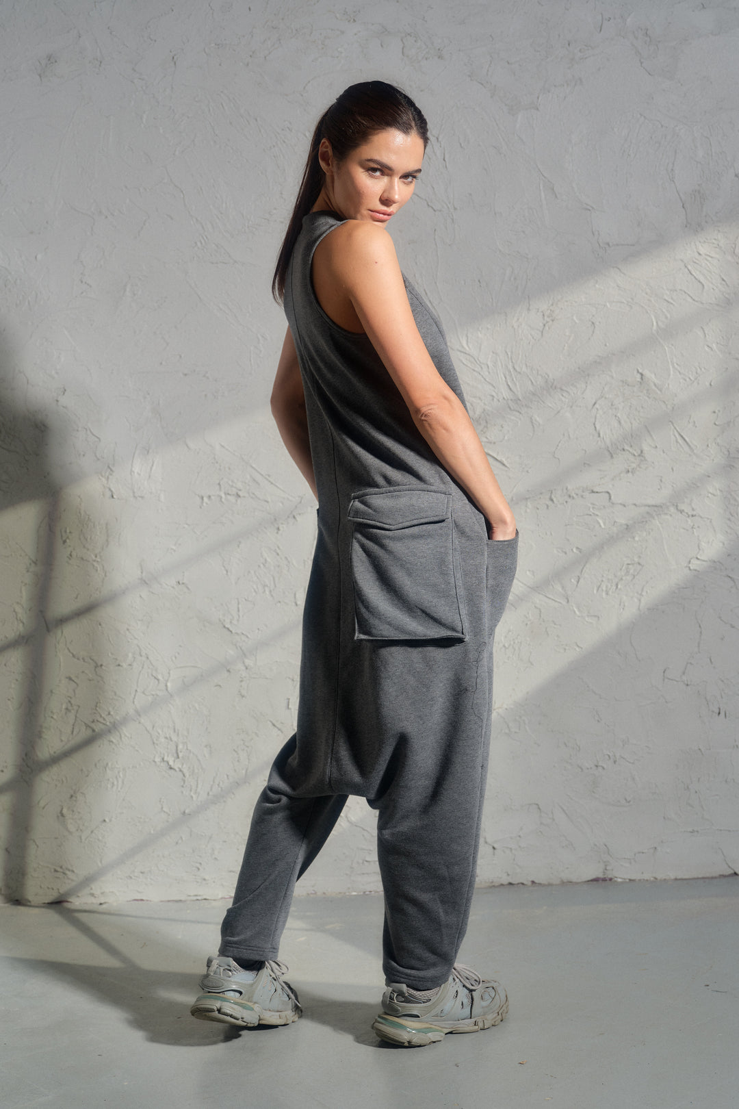 Avant-Garde Organic Cotton Sleeveless Jumpsuit – Drop-Crotch Minimalist Romper