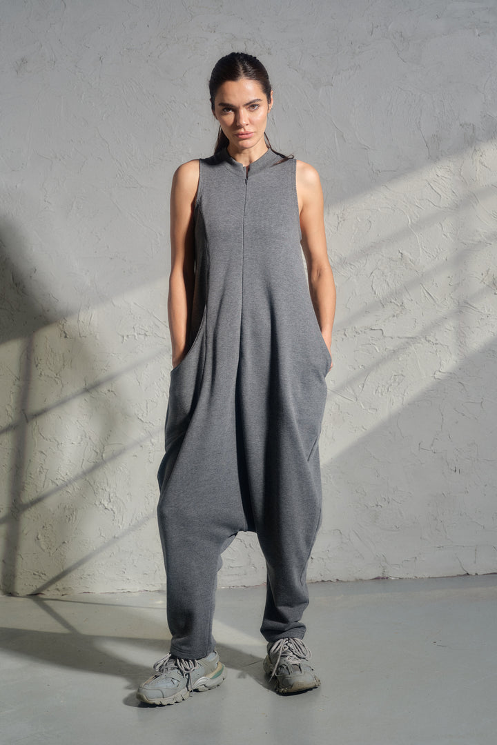 Avant-Garde Organic Cotton Sleeveless Jumpsuit – Drop-Crotch Minimalist Romper
