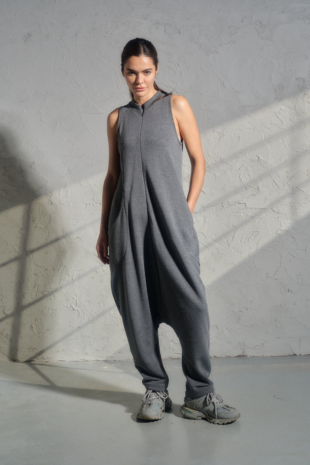 Avant-Garde Organic Cotton Sleeveless Jumpsuit – Drop-Crotch Minimalist Romper