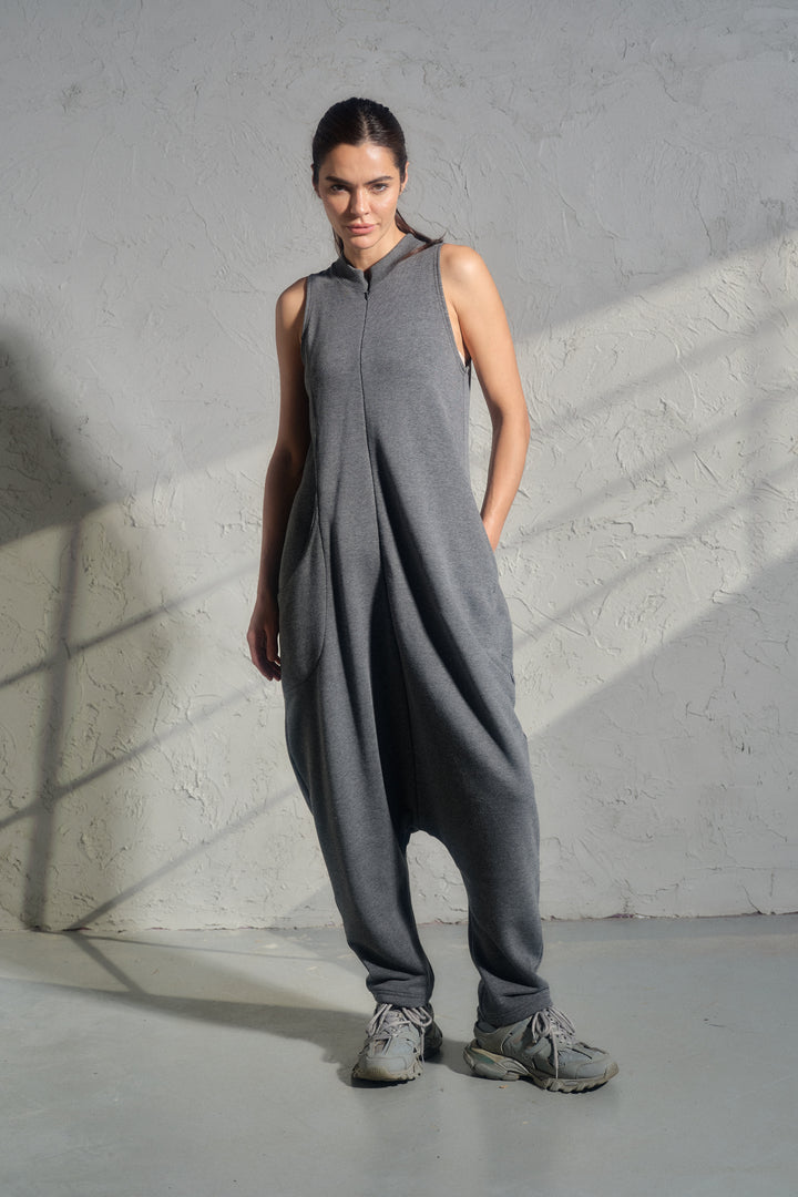Avant-Garde Organic Cotton Sleeveless Jumpsuit – Drop-Crotch Minimalist Romper