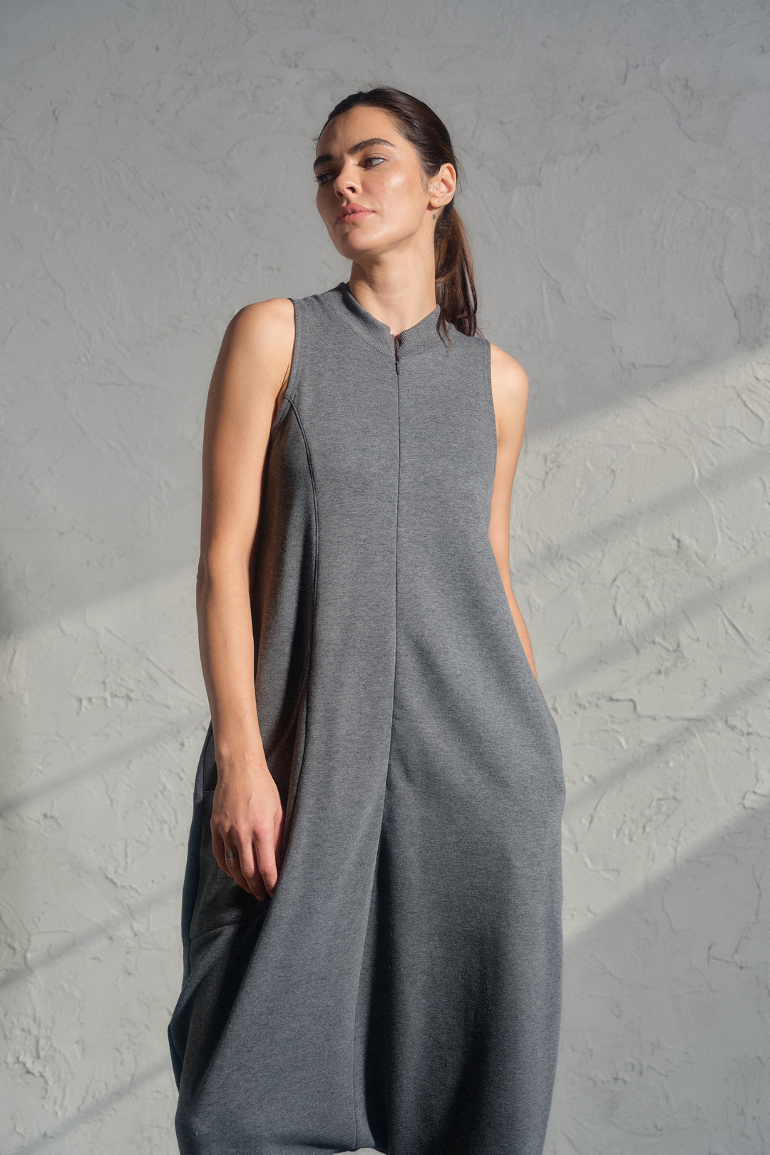 Avant-Garde Organic Cotton Sleeveless Jumpsuit – Drop-Crotch Minimalist Romper