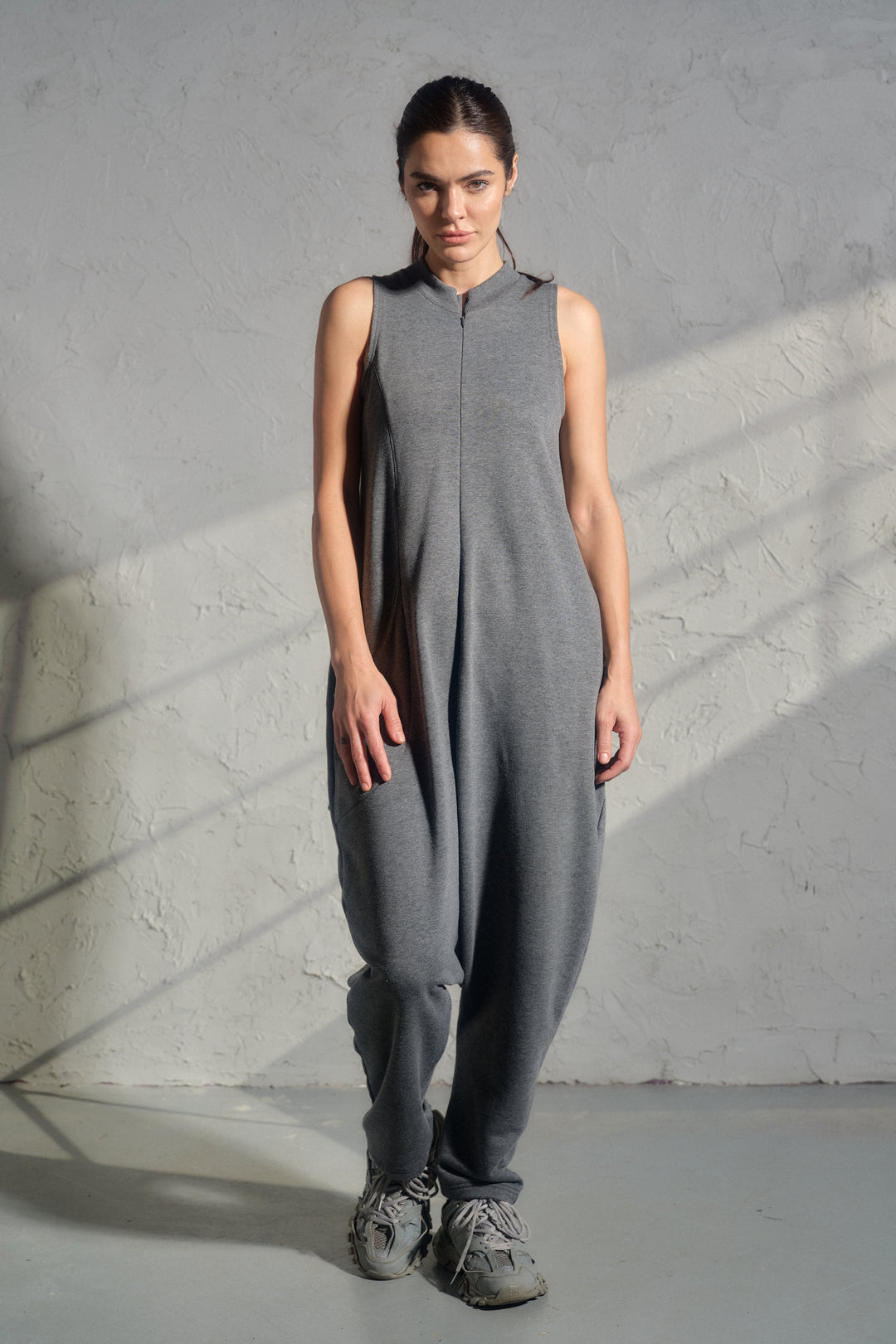 Avant-Garde Organic Cotton Sleeveless Jumpsuit – Drop-Crotch Minimalist Romper