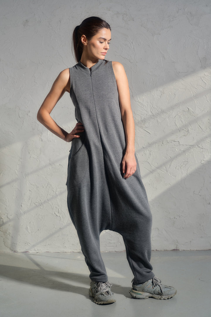 Asymmetrical set of two - cotton turtleneck top and baggy jumpsuit in dark gray