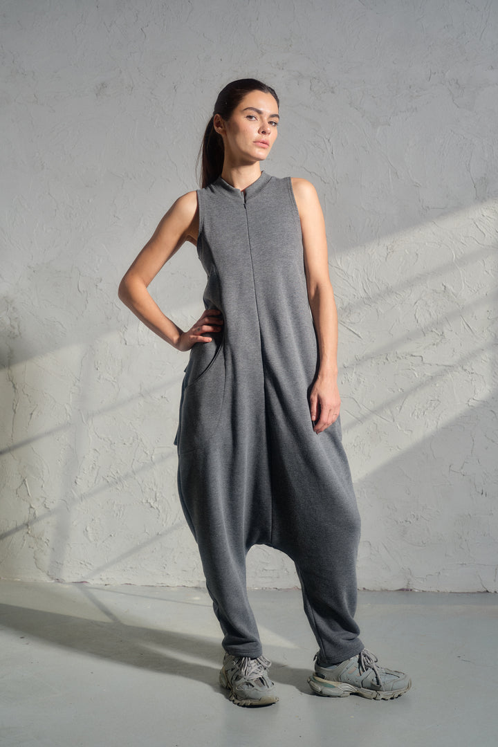Avant-Garde Organic Cotton Sleeveless Jumpsuit – Drop-Crotch Minimalist Romper