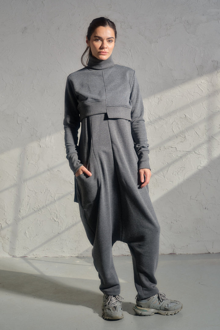 Asymmetrical set of two - cotton turtleneck top and baggy jumpsuit in dark gray