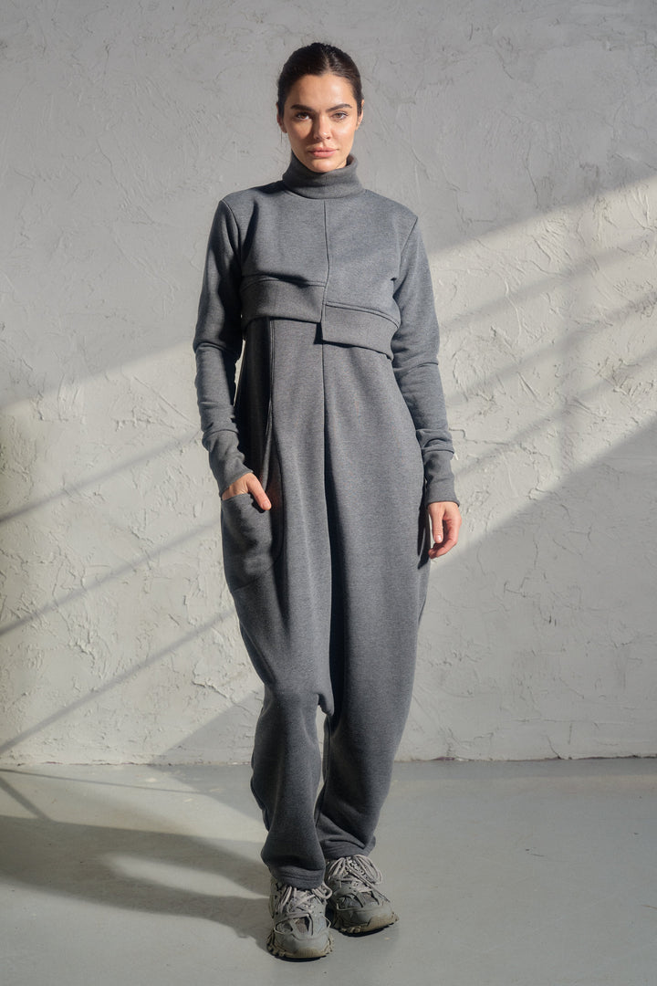 Asymmetrical set of two - cotton turtleneck top and baggy jumpsuit in dark gray