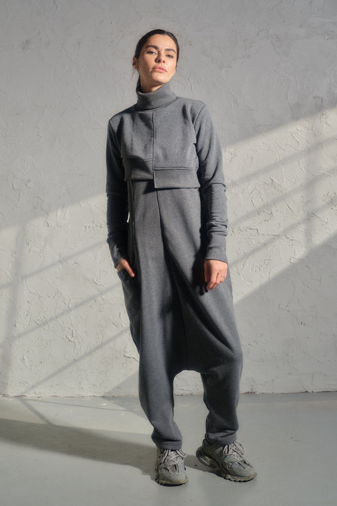 Asymmetrical set of two - cotton turtleneck top and baggy jumpsuit in dark gray