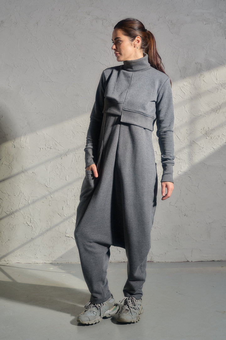 Asymmetrical set of two - cotton turtleneck top and baggy jumpsuit in dark gray