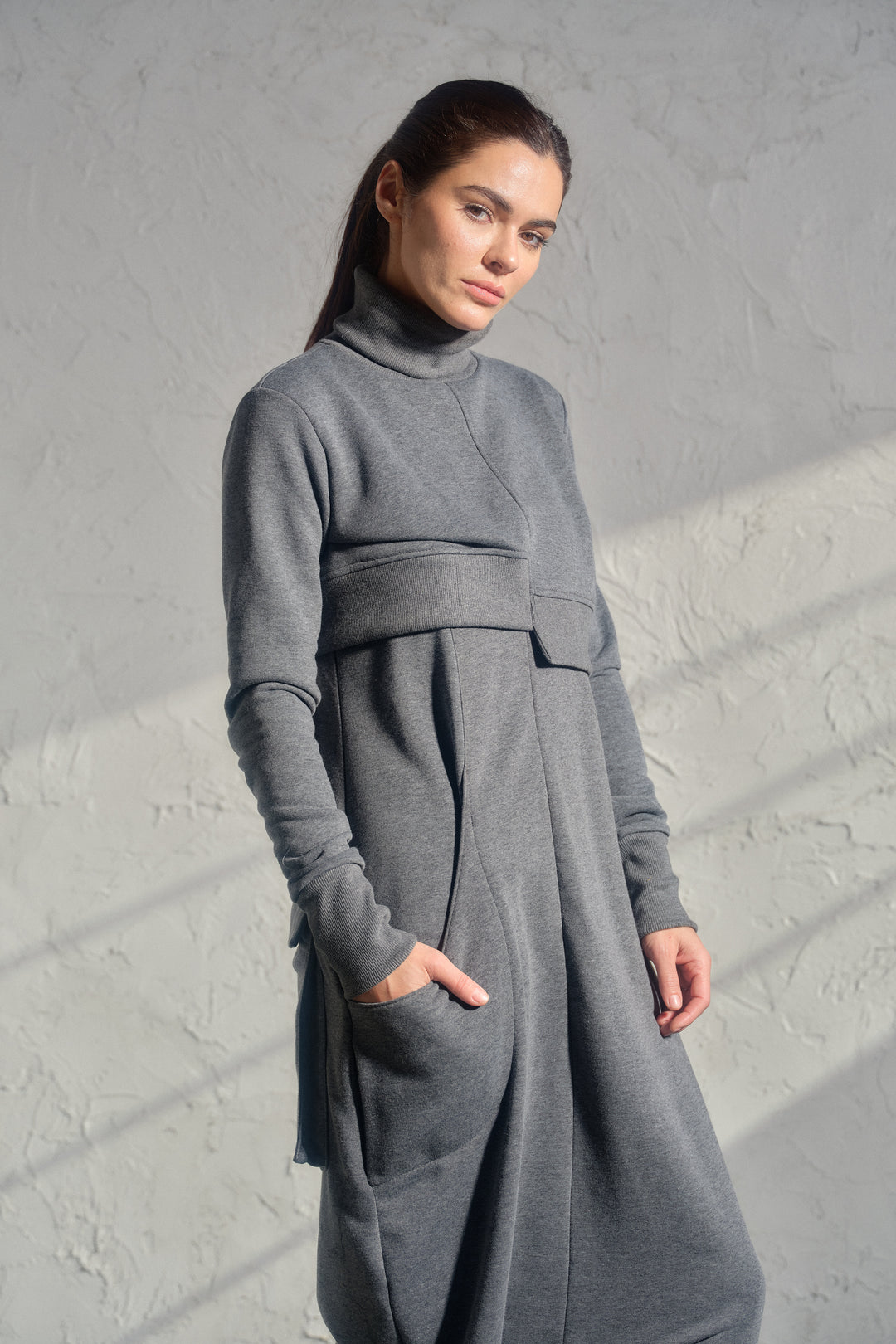 Asymmetrical set of two - cotton turtleneck top and baggy jumpsuit in dark gray