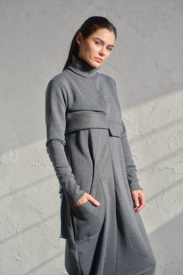 Asymmetrical set of two - cotton turtleneck top and baggy jumpsuit in dark gray