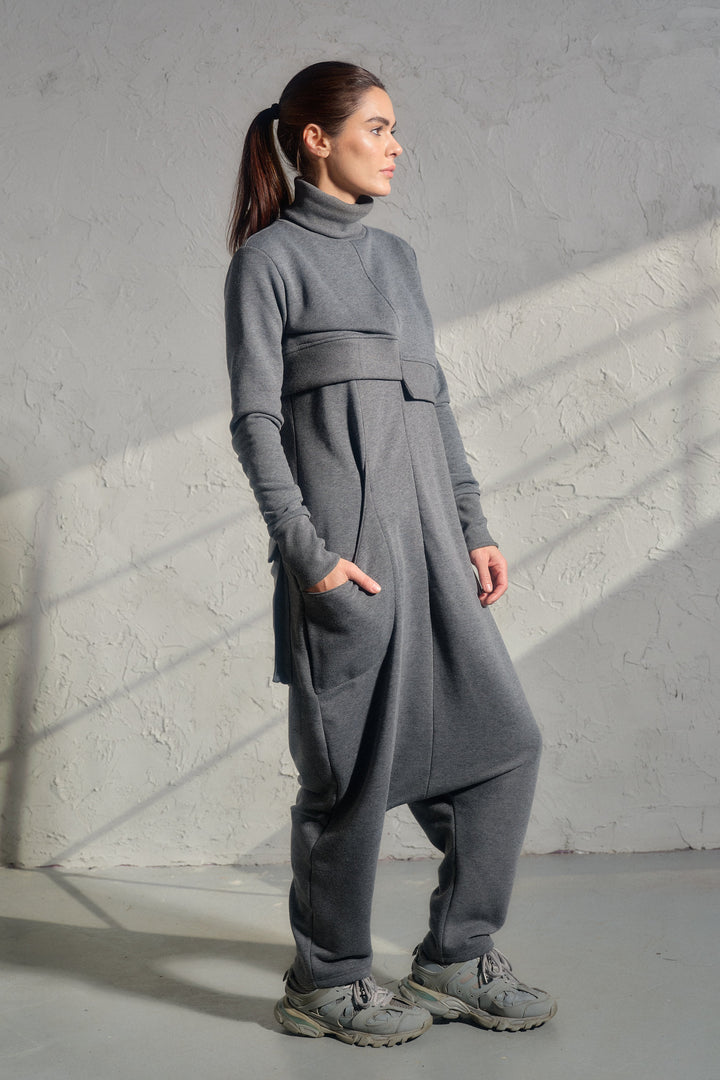 Asymmetrical set of two - cotton turtleneck top and baggy jumpsuit in dark gray