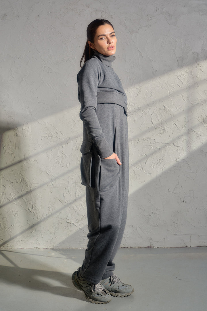 Asymmetrical set of two - cotton turtleneck top and baggy jumpsuit in dark gray