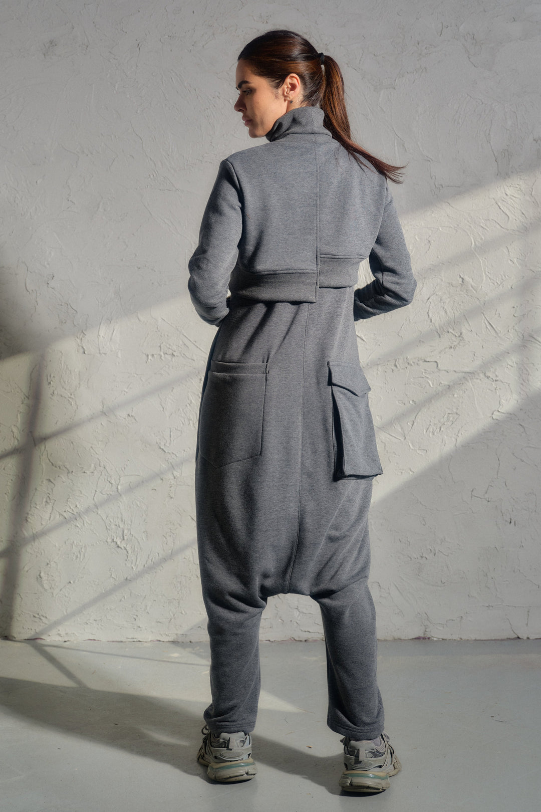 Asymmetrical set of two - cotton turtleneck top and baggy jumpsuit in dark gray