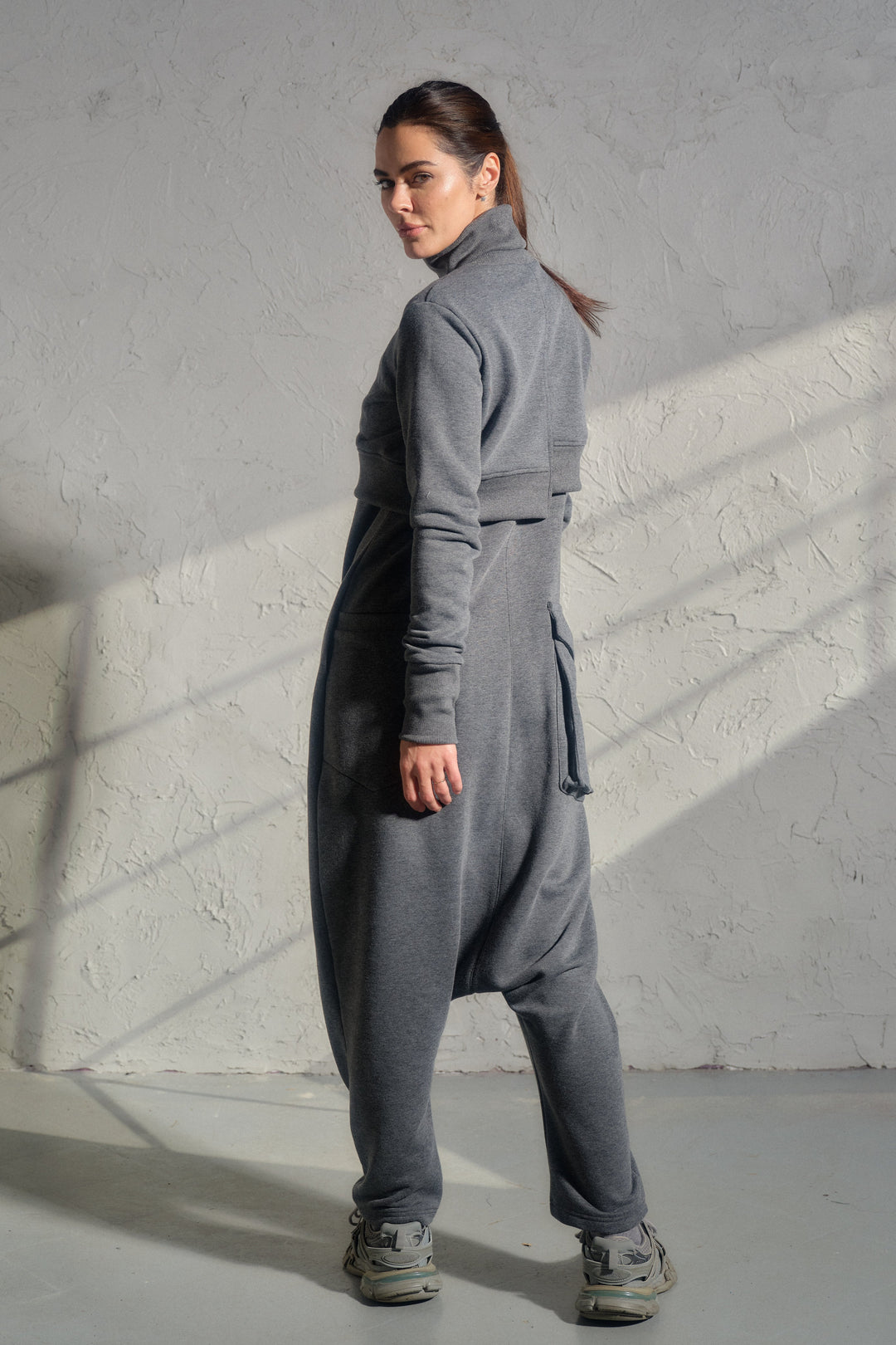 Asymmetrical set of two - cotton turtleneck top and baggy jumpsuit in dark gray