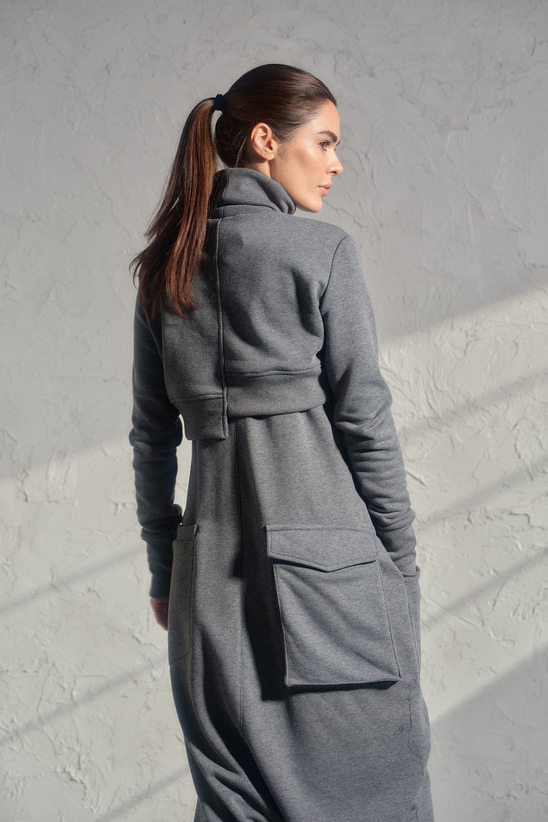 Asymmetrical set of two - cotton turtleneck top and baggy jumpsuit in dark gray