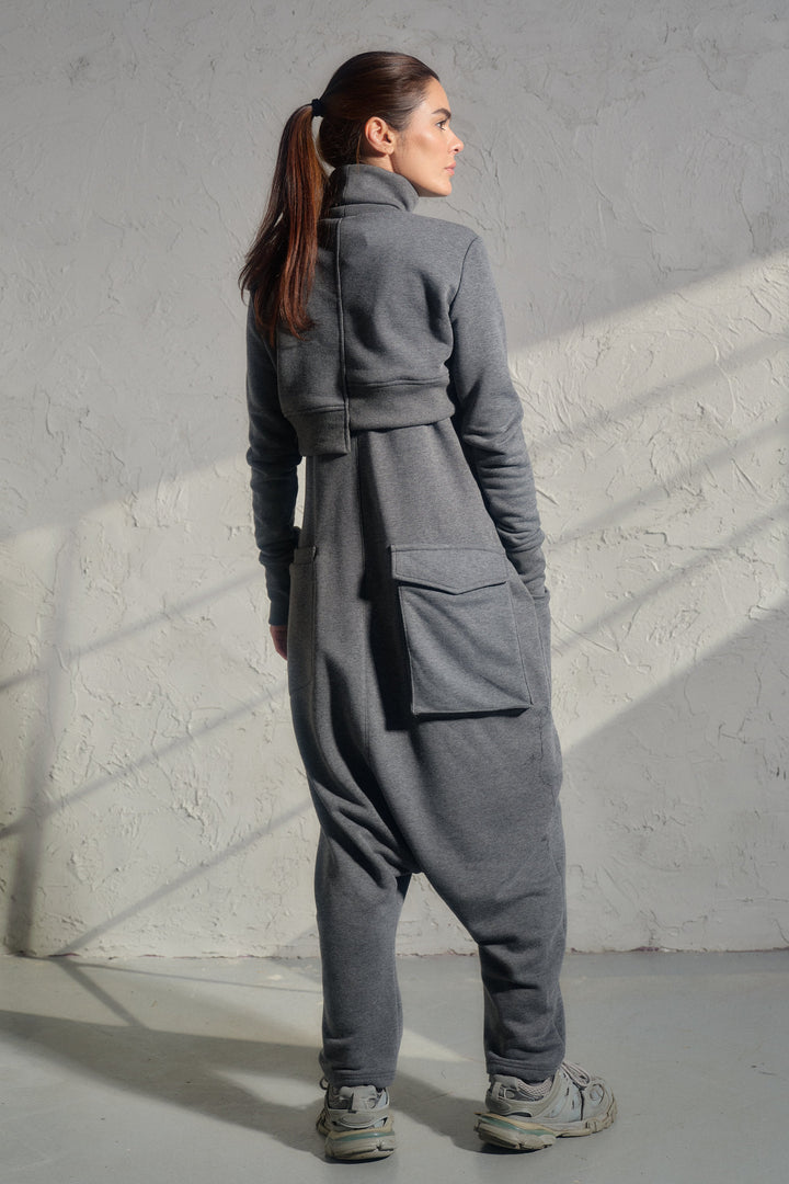 Asymmetrical set of two - cotton turtleneck top and baggy jumpsuit in dark gray