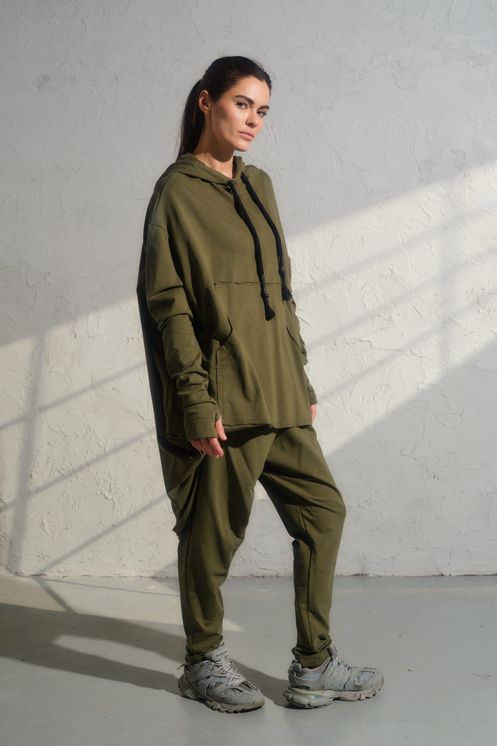 Khaki Green Cotton Avant-Garde Joggers