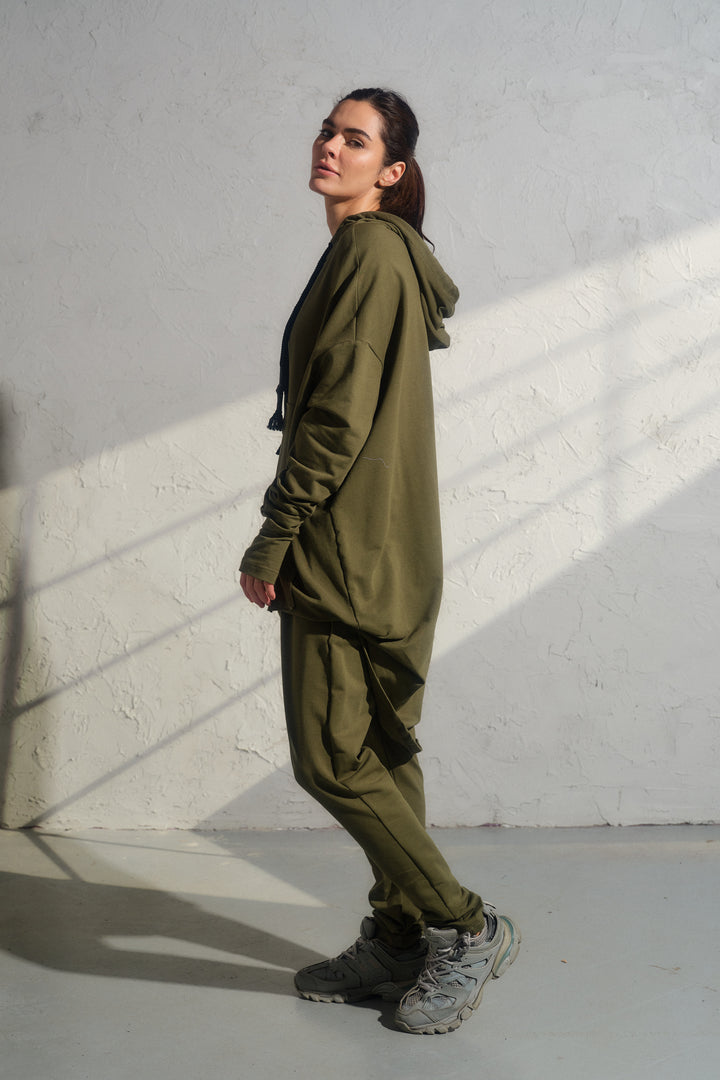 Khaki Green Cotton Avant-Garde Joggers
