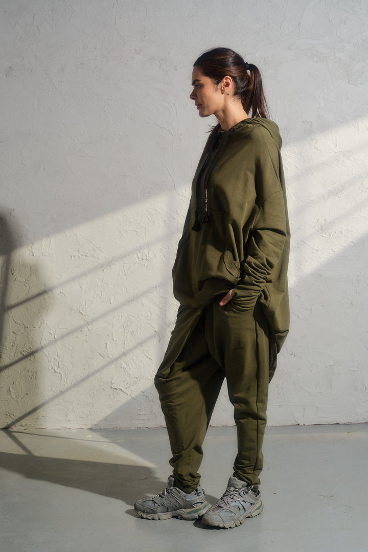 Khaki Green Cotton Avant-Garde Joggers