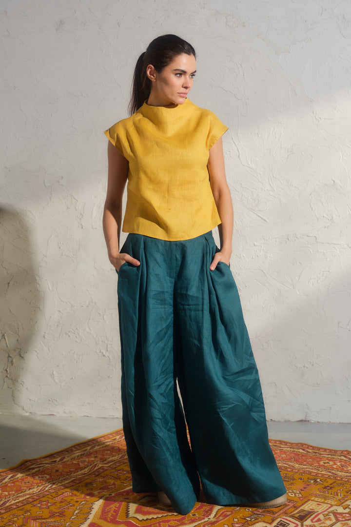 Wide leg petrol blue linen pants with pleats