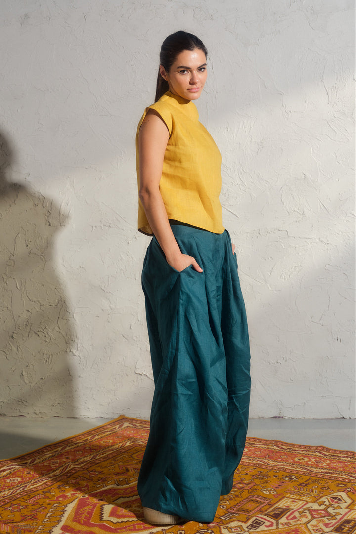 Wide leg petrol blue linen pants with pleats