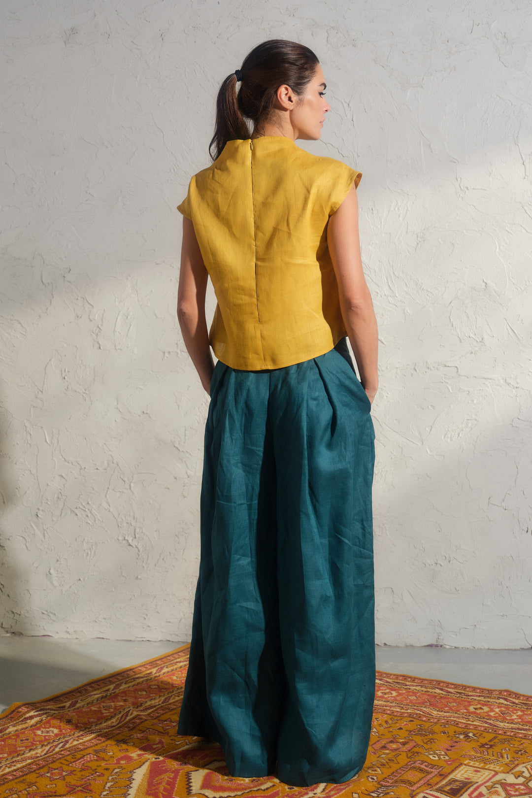 Wide leg petrol blue linen pants with pleats