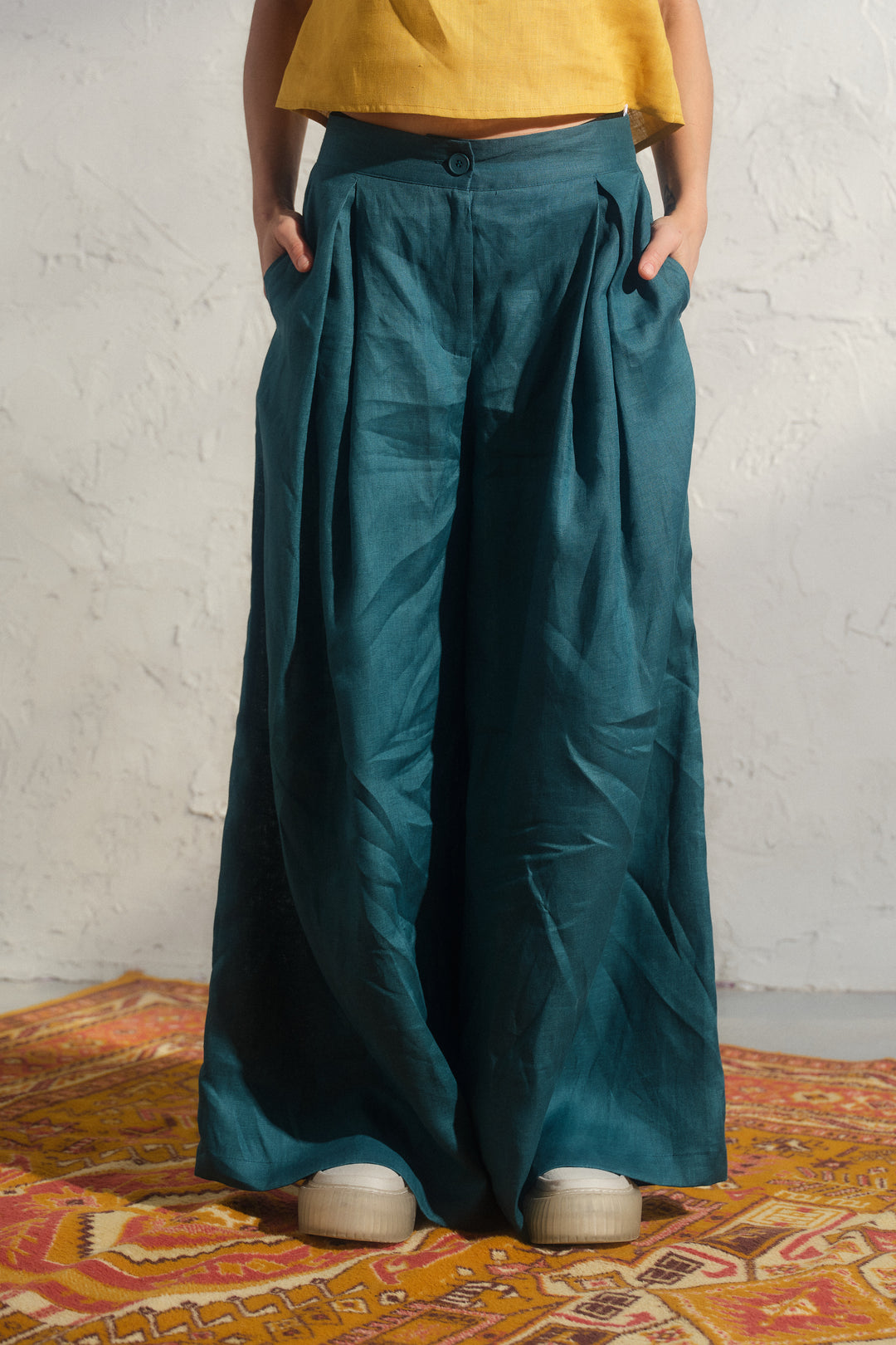 Wide leg petrol blue linen pants with pleats