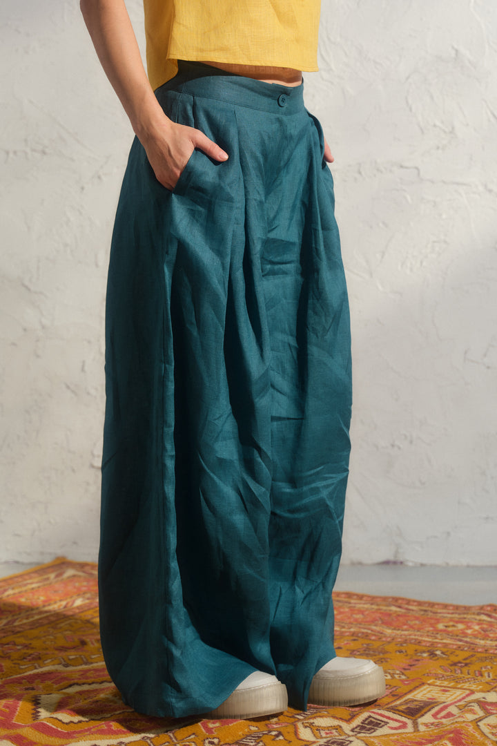 Wide leg petrol blue linen pants with pleats